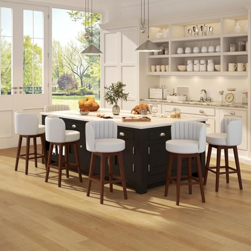 Image of COCO DESIGN Swivel Bar Stools Set of 2, 26 inch Counter Height Mid Century Modern Barstools with Back, Leather Upholstered Seat and Solid Wood Legs, for Bar Kitchen Island, Pearl White
