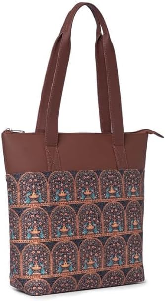 Women’s Printed Jute & Vegan Leather Tote Bag – Handcrafted Shoulder Handbag, Spacious Everyday Work Bag for Office, Travel & Daily Use