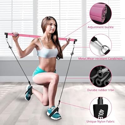 Pilates Bar Kit with Resistance Bands+ Pull Up Assistance Bands,Up to 300 lbs Assistance(Pink)