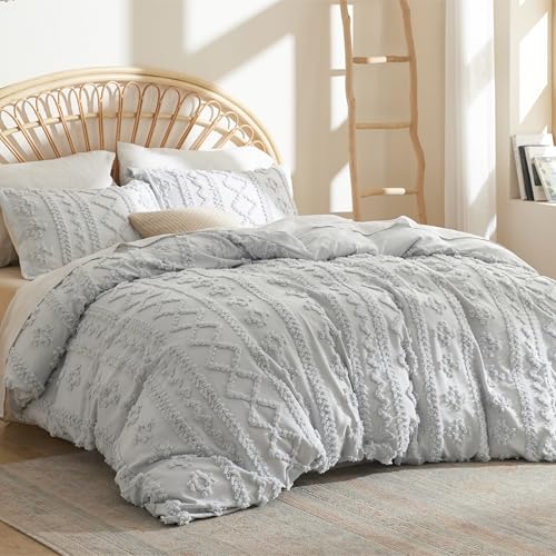 Image of Bedsure Boho Duvet Cover King Size, Soft & Comfortable Elegant Design Boho Bedding for Decoration, Machine Washable Comforter Cover for All Seasons,Includes 1 Duvet Cover & 2 Pillow Shams,Light Grey