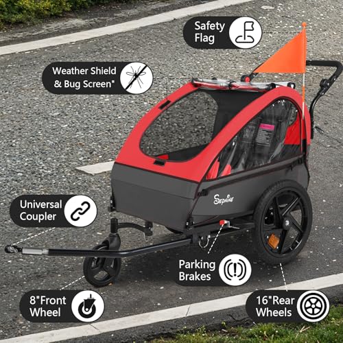 Image of Sepnine Kids Bike Trailer, 2 in1 Canopy Carrier Converts to Stroller Suitable for 1 to 2 Kids, 12+ Months, Quick Attach to Bike, Foldable, with 5-Point Harness and Storage Bags