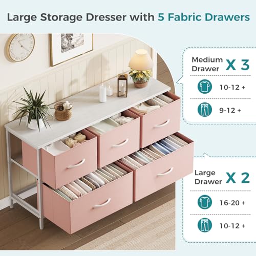 Image of OLIXIS Pink Dresser for Girls Bedroom, Wide Dresser for Closet, 5 Drawers | Closet Organizers and Storage with Bins, Fabric Chest of Drawers for Clothes Storage, Wooden Top, Living Room