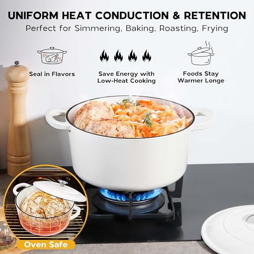 Onader Enameled Cast Iron Dutch Oven, 3QT Round Dutch Oven Pot with Lid for Bread Baking Cooking - White