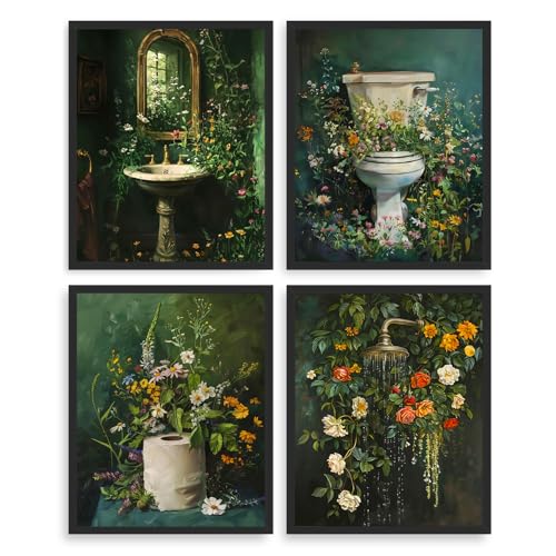 Dazzlewall 4er Set Vintage Dunkelgrüne Badezimmer Wandbilder, Blüten Toilette Waschbecken Dusche Wanddeko für Badezimmer Toilette Ohne Rahmen 20x25...