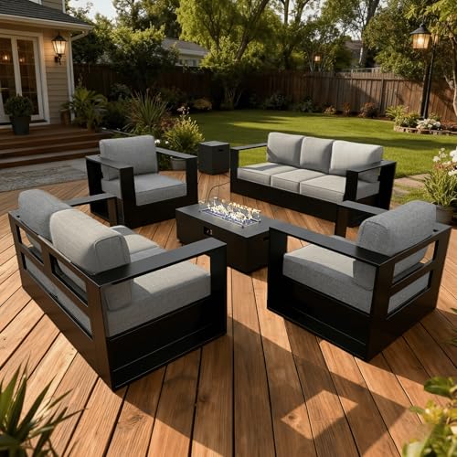 Image of LayinSun Oversized Aluminum Outdoor Furniture Set, 5 Piece Patio Sofa Sets with Fire Pit Table, Deep Seating and Upgraded 6-inch Cushions for Porch, Balcony, Deck