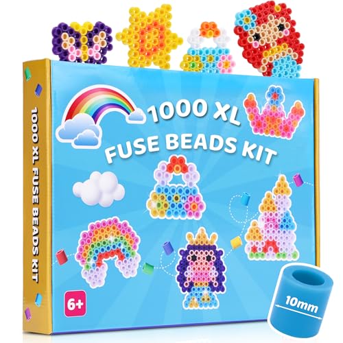 VynyQoo 10mm Bügelperlen Set, 1000 XL Große Bügelperlen in 10 Farben, Streifentafel, 10 Mustern, 10 Bügelpapiere, 5 Perlenketten, 5 Schlüsselanhänger, 5 Kühlschrankmagnete, Ideal für DIY & Geschenke