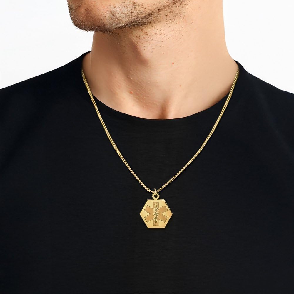 IceCarats 14K Solid Yellow Gold Large Medical Alert Medal Pendant Necklace 27mm 1.1 inch Polished, Textured, Engravable, Matte For Her For Him