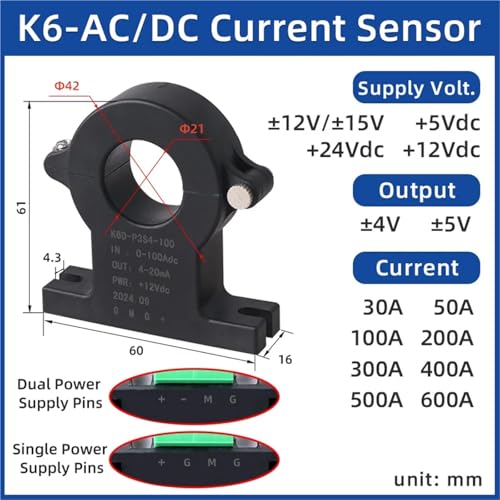 Sensor de corriente K6D de efecto Hall CC 500A y salida analógica de 0-5V 3