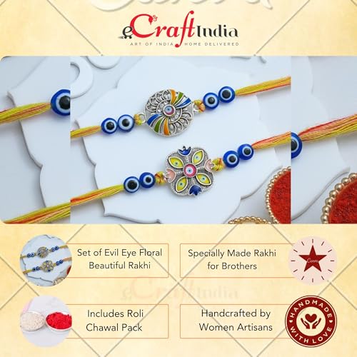 Image of eCraftIndia Handcrafted Evil Eye Beautiful Floral Rakhi for Brother Bhaiya Bhai with Best Bro Ever Fridge Magnet | Roli Chawal Pack