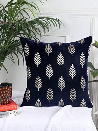 Image of Decoghar Blue Handmade Sofa Cushion Covers | Golden Zari Leaf Embroidered Square Throw Pillow Cover | 16 X 16 Inch | Pack of 3