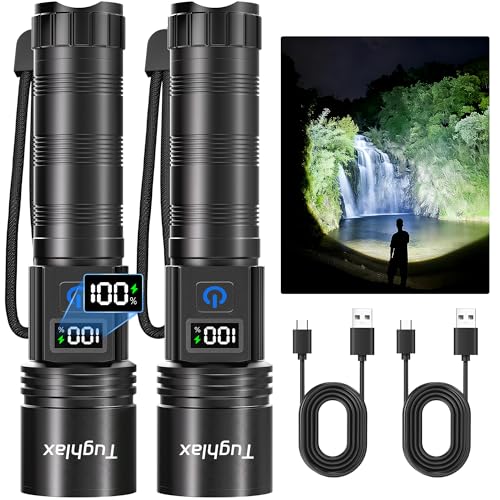 Tughlax LED Rechargeable Flashlights 9900 High Lumens 2Pack, Super Bright Flashlight, Zoomable Powerful Camping Flashlights with LCD Digital Display, 5 Modes Waterproof Flash Light for Home