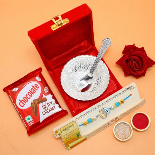 Image of JAIPUR ACE Mens Premium Rakhi Gifts Hamper Rakhi For Brother With Silver Plated Gifts Bowl Set With Chocolate & Greeting Card (Rakhi With Gift Hamper)