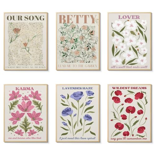 CEKEIOLMLW Impresionante juego de pósteres musicales de flores para decoración de habitación, arte de pared, música pop country, cantante folk, letras de música, medianoche, impresiones florales para