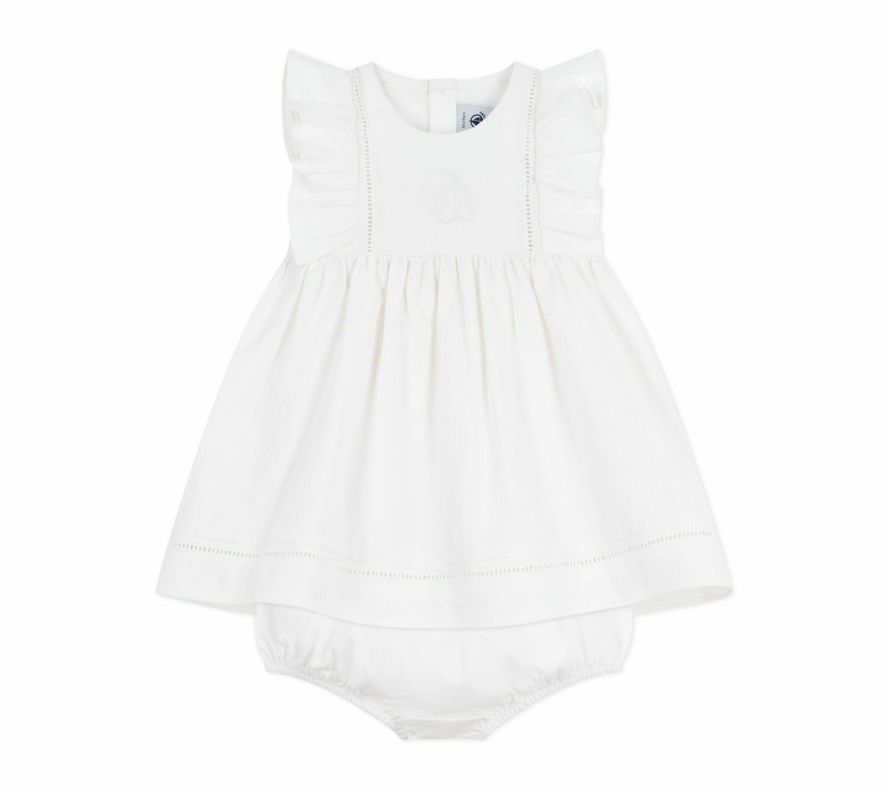 Petit Bateau Robe Bébé En Coton Sans Manche Unie Et Brodée avec Son Bloomer A0dv501 Vestito Bimba 0-24 (Pacco da 1)