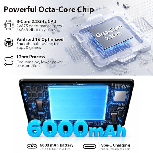 Image of 10.1 inch Android 16 Tablet with Keyboard, 30GB +64GB, 2-in-1 Tablet | Octa-Core, 1280x800 IPS HD Touchscreen, 6000mAh, 1TB Expand, Dual Camera, Widevine L1, 5G WiFi, BT5.0, GPS, Eye Care, Black