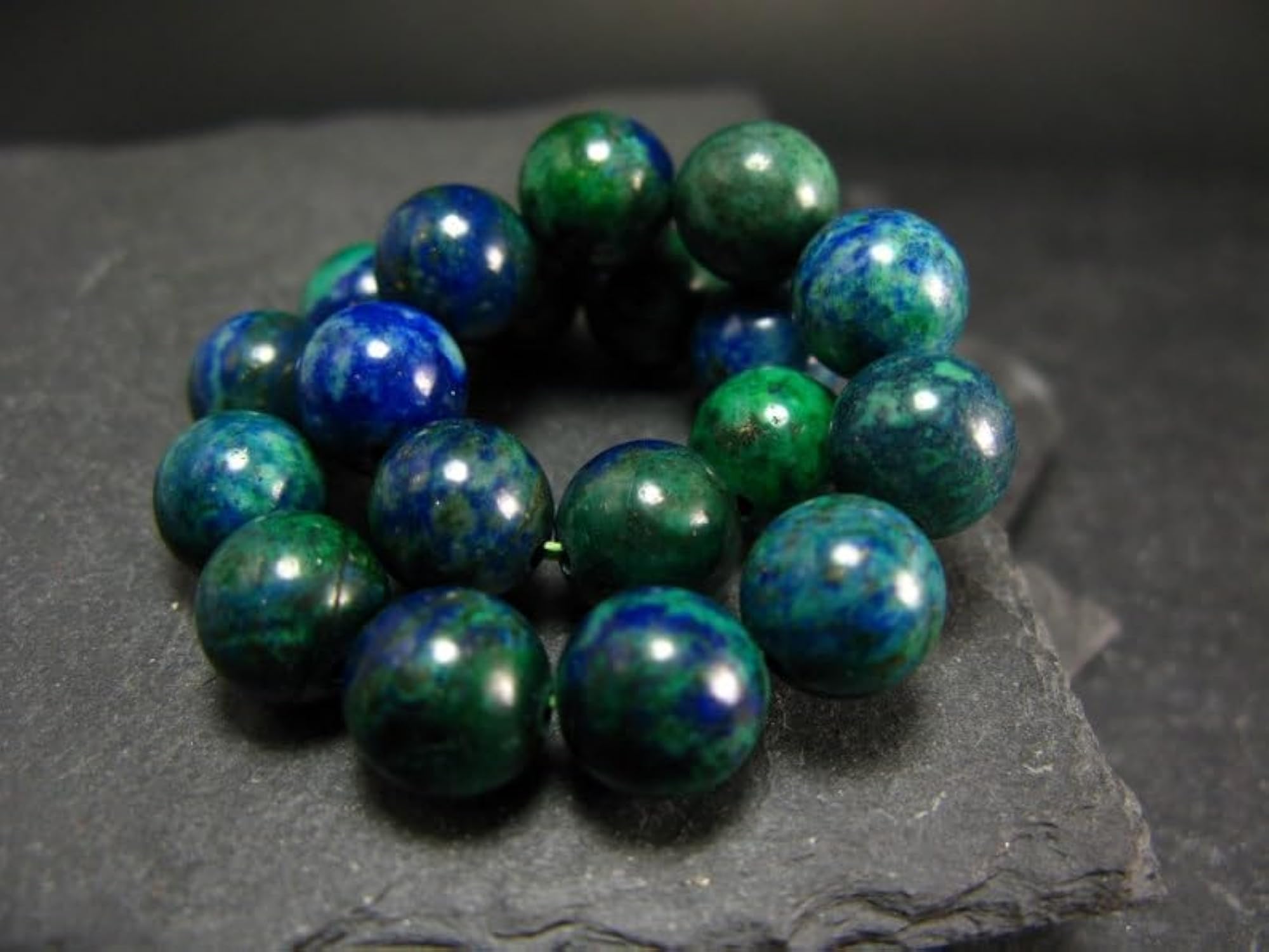 Natural Dioptase Chrysocolla Malachite Shattuckite 10mm Smooth Cut Beads Stretchable Bracelet, Unisex