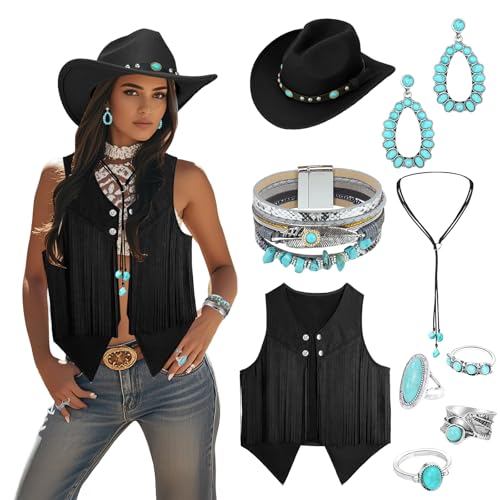OJMHD Cowgirl-Outfits für Damen, Western-Kostüm-Zubehör mit Quaste, Weste, Cowboyhut, Türkis, Halskette, Armbänder, Ring für Halloween, Cosplay,...
