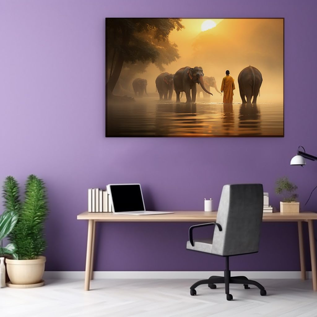 Canvas for Living room. Dawn's Serenity: A Monk and His Elephant Procession in the Hazy Sunrise, 27 x 18 inch Canvas Wall Art - Contemporary Masterpieces - Nature Home Decor - 69x46 cm (27x18 inch)