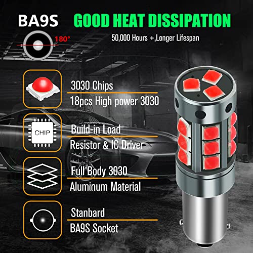 Yeoro 2Pcs Ac/Dc 9-36V Ba9S Led Bulbs White,600Lm Ba9 Ba9S 53 57 1895 64111Led Car Ligh Bulbs Super Bright 3030 18-Smd Chips For Car Interior Dome Map License Plate Glove Box Light. (Ba9/Ba9S, Red) #TOP1