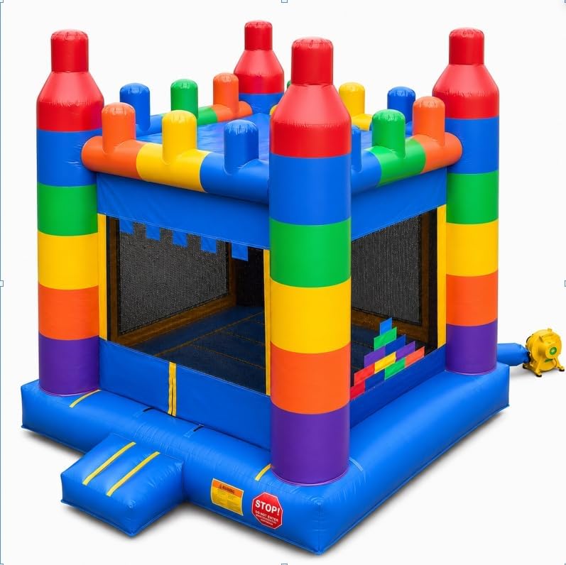 Inflatable Jump Bounce House 13.8FT, 100% PVC Indoor & Outdoor Backyard Blow-Up Bouncy Playhouse with Air Blower and Storage Bag, Jumping Castle for Parties, Birthdays, Blue and Yellow