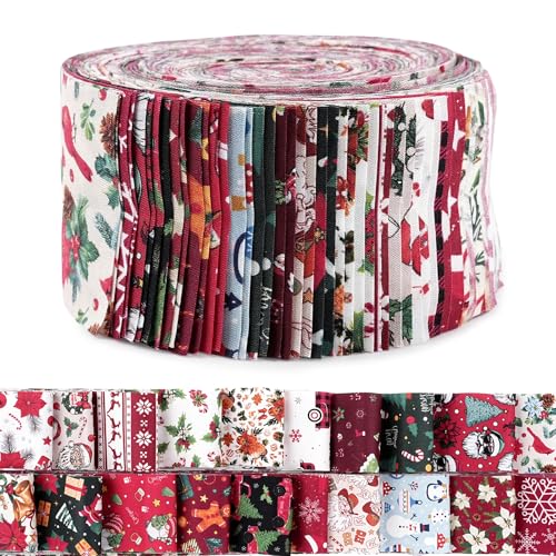 40 Pcs Christmas Cotton Fabric Bundles 6.5x100cm Xmas Themed Strips (Santa/Tree/Snowman) DIY Craft Fabric for Quilting DIY Craft Projects & Holiday Party Decor
