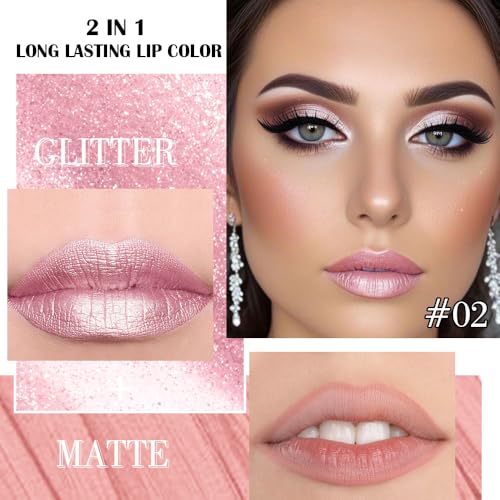 Image of evpct Light Pink Metallic Shimmer Lip Liner and Lipstick Combo Lip Gloss Stain Set Makeup for Women Long Lasting Waterproof 24, Light Voilet Frosted Metallic Glitter Glossy Iridescent Liquid Lipstick