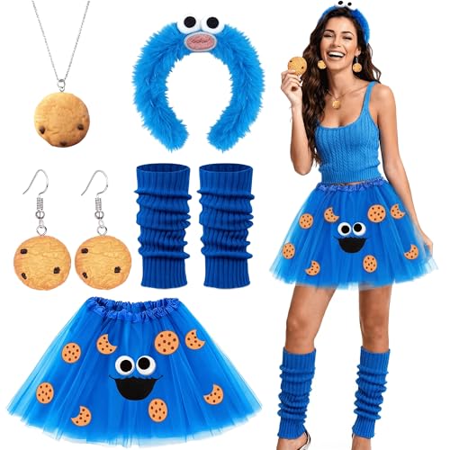GEVECORI Krümelmonster Kostüm Damen Karneval Lustige Kostüme Damen Haarreif Tüllrock Blau Ohrringe Halskette Beinwärmer Keksaufkleber Lustig für Fasching Mottoparty