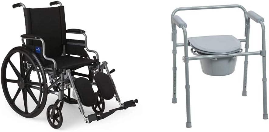 Medline Lightweight & User-Friendly Wheelchair with Flip-Back, Desk-Length Arms & Elevating Leg Rests for Extra Comfort, Gray, 18 inch Seat & Drive Medical 11148-1 Steel Bedside Commode Chair, Grey : Everything Else