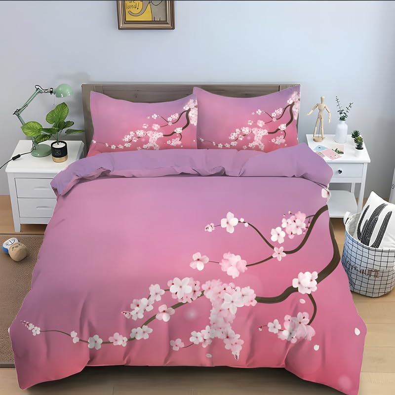 Funda Nordica Cama 180 Flores de Cerezo Funda Nórdica 260x240 Flores de Cerezo Ropa de Cama de 3 Piezas Microfibra Funda Edredon 240x260cm y 2 Fundas de Almohada 3277A