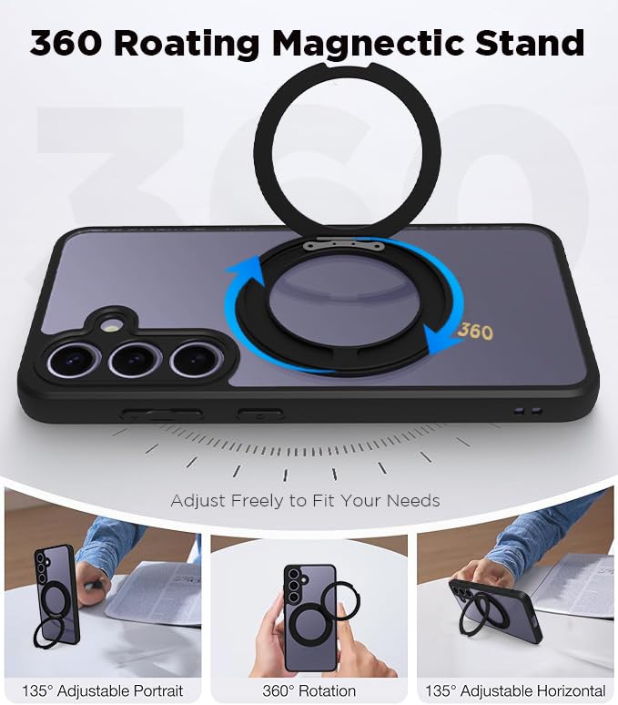 Image of RIGGEAR Shockproof Sleek Hybrid Armor 360 Rotating Magnetic Ring Stand Back Cover Case Compatible with MagSafe Accessories for Samsung Galaxy S24 (Clear PC + Black TPU Bumper)