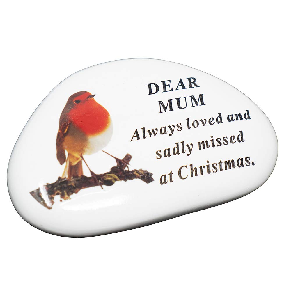 Mum Christmas Robin Memorial White Plaque Resin Stone Memento Tribute