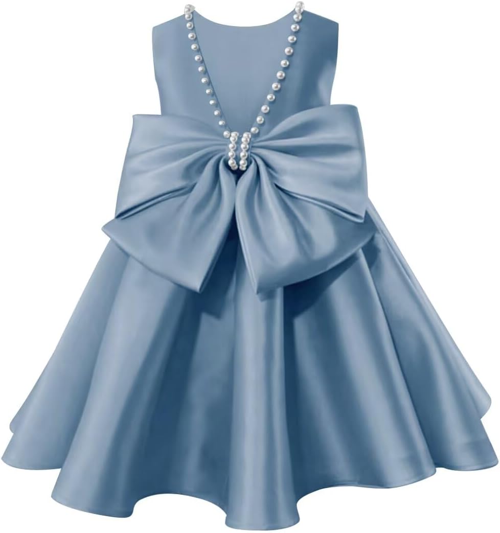 Satin Flower Girl Dresses for Wedding Pearls Bowknot Kids Sleeveless V-Back Princess Pageant Prom Short Ball Gowns