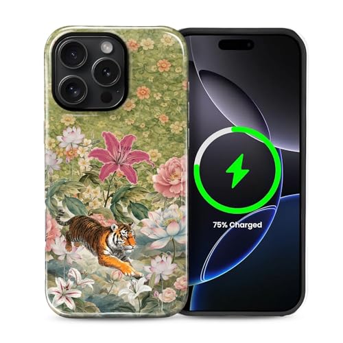 casesok iPhone 16 Pro Max�p �P�[�X�AMagSafe�Ή��A��w�n�[�h�V�F�� + �V���R���J�o�[�AiPhone 16 Pro Max-Tiger Amidst Blossoms �R���[�W���p�t���{�f�B�ی� �ϏՌ��P�[�X