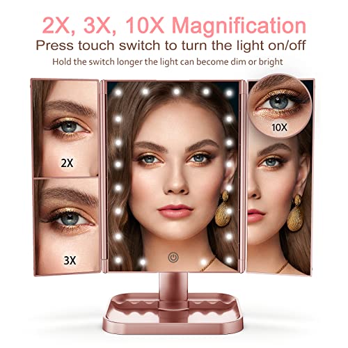 Makeup Mirror Vanity Mirror With Lights, 10X 3X 2X Magnification, Lighted Makeup Mirror, Touch Control, Trifold Makeup Mirror, Dual Power Supply, Portable Led Makeup Mirror, Women Gift (Rose Gold) #TOP3
