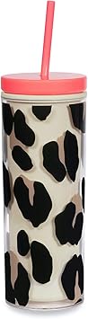 kate spade new york Insulated Tumbler with Reusable Straw, Leopard Print 24 Ounce Acrylic Travel Cup with Lid, Forest Feline