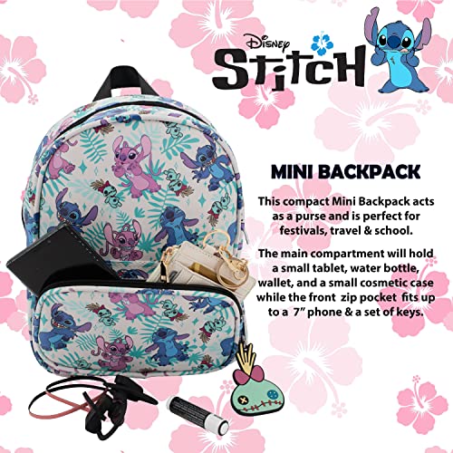 Disney Stitch & Angel Mini Backpack With Allover Print & Molded Scrump Dangle, 10.5 Inches, Adjustable Straps, Faux Leather #TOP5
