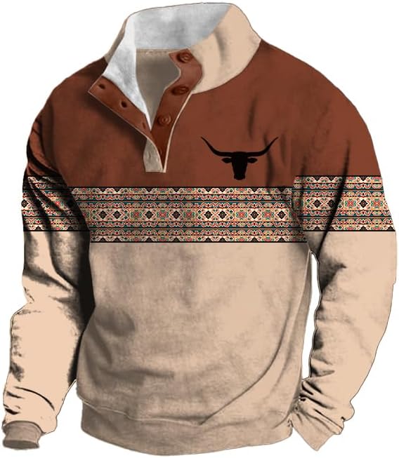 Retro Long Sleeve Sweatshirts for Men Fall West Cowboy Country Aztec Bull Print Stand Collar Button Pullover