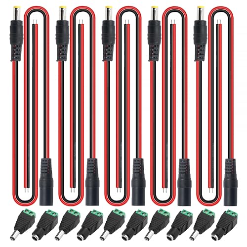 YIXISI 5 pares de cables de alimentación CC de 5,5 mm x 2,1 mm y 5 pares de conectores macho y hembra de 12 V 5 A, conectores adaptadores de corriente para cámara de vigilancia de seguridad del hogar