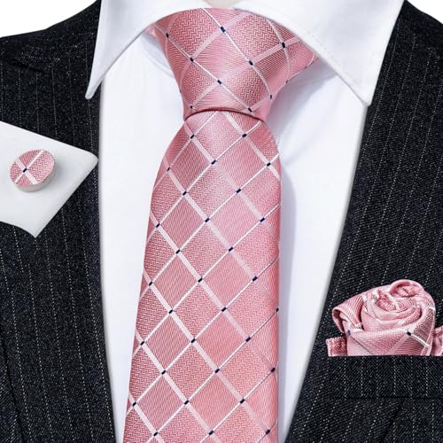 Image of Barry.Wang Mens Tie Set Plaid Check Neckties Formal Business Wedding Luxury Pocket Square Cufflinks