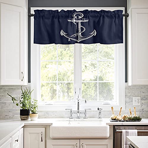 Vograud Nautical Valances For Windows White Anchor Navy Blue Kitchen Valances Rod Pocket Curtain Washable Small Window Treatment For Bathroom/Living Room/Bedroom/Home Decor 54X18In #TOP1