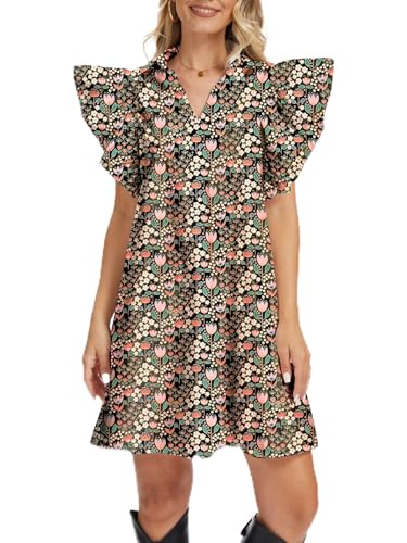 hibshaby Women's Floral Babydoll Mini Dress V-Neck Ruffle Sleeve Cute Dress Sundress