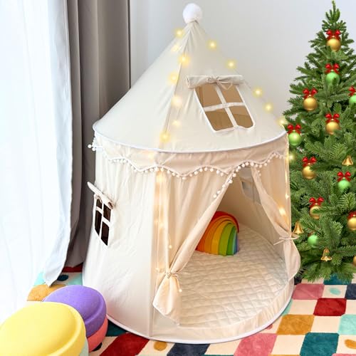 ALRITHO® Spielzelt für Kinder (warmbeige), aus weichem Silky-Cotton-Stoff | 1 Eingang & 3 Fenster (TripleAir-Effect) | inkl. Tasche & Bodenmatte | stabiles Spielhaus | Tipi für Jungen & Mädchen