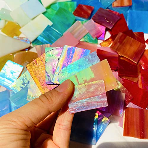 Paljolly Iridescent Mosaic Glass Pieces Stained Glass Sheet Scraps For Crafts, Mosaic Tiles Supplies Kit, Variety Of Rainbow Iridized Colors And Shapes, 35Oz Value Pack #TOP5
