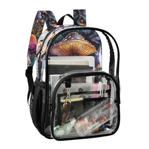 Psychedelic Mushrooms Print Clear Backpack Lightweight Large Capacity See Through Bookbag Transparent Daypack Bag, 12L2