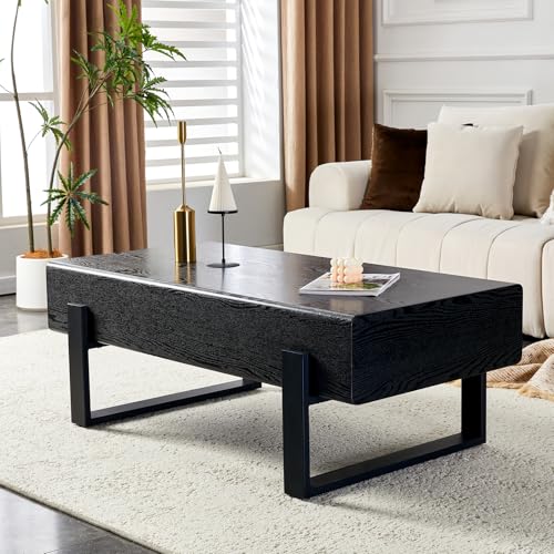 BFJDM 47.24 Rectangle Coffee Table, Wood Coffee Table Center Table with 7.8 Thick Tabletop Metal Legs Rounded Corners for Living Room Office, Black