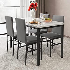 MIERE Dining Table Set for 4, 5-Piece Marble DiningTableSet with 4 Velvet Metal Frame Chairs for Kitchen, Bar, Living Room, Breakfast Nook, Small Space, 03 Gray