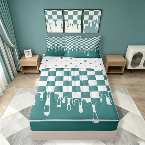 Image of Teal Checkered Full Complete Bedding Set Bed in a Bag,Checkerboard Drip Zipper Comforter Set with Fitted Sheet & Pillowcases Pet Friendly,Y2K Aesthetic Modern Geometric for Kids & Teens Zip Up Blanket