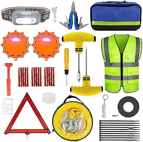 POVTIMS Car Emergency Kit, Roadside Safety Tool Kit with Tire Repair Tool,Road Flares,Tow Strap,Pliers,Headlamp,Reflective Vest Triangle Hammer Safety Assistance Tool for Car Vehicle Auto Truck