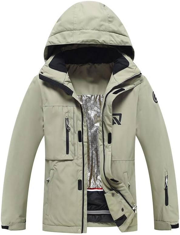 Men's Winter Ski Jacket, Hooded Waterproof Outdoor Coat, Sage Green with Black Trim, Multiple Pockets, Fleece Lined