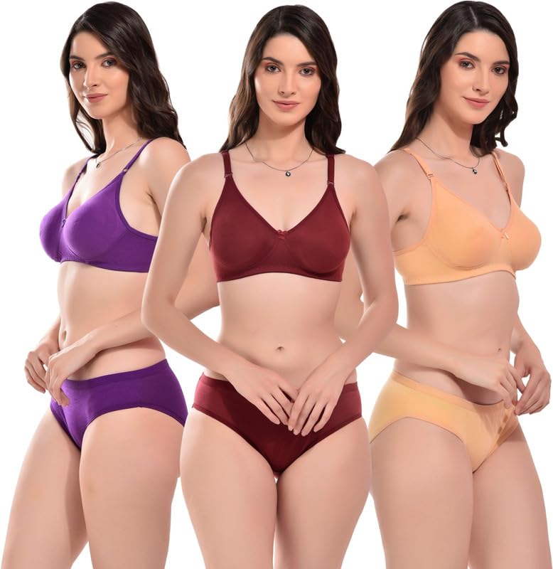 Women Cotton Non Padded Non-Wired Full Non Padded T-Shirts Bra and Panty Lingerie Set Pack of 3 (Multicolor)-image-27